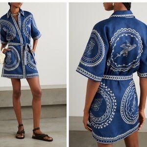 NWT ALÉMAIS women’s Oceane mini shirtdress blue linen nautical tropical beach 0